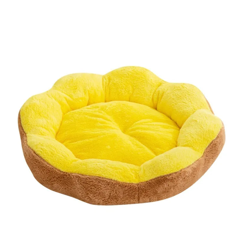 Round rabbit plush pet bed with removable cloth cover in brown gray colour, showing raised sides and nest design
