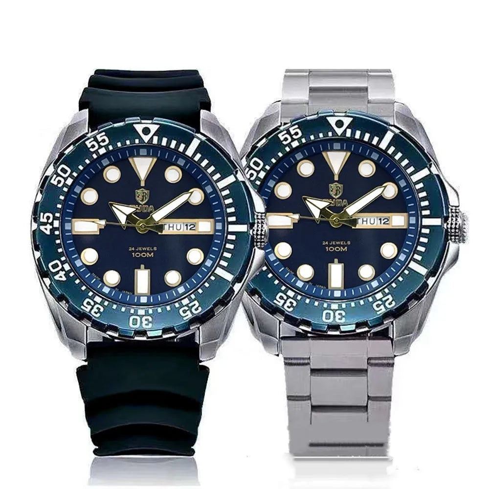Waterproof men's sports watch with luminous dial, shown in silver case with blue dial and steel strap