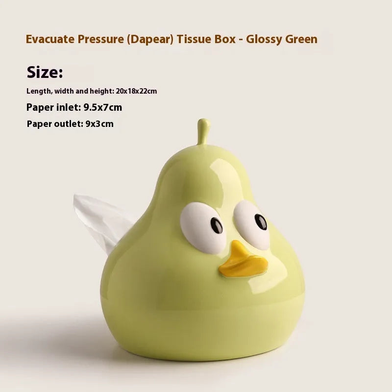Green ceramic pear-shaped tissue box with cute animal design on white background