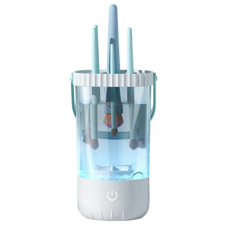 White rechargeable electric makeup brush cleaner with plastic housing and USB cable