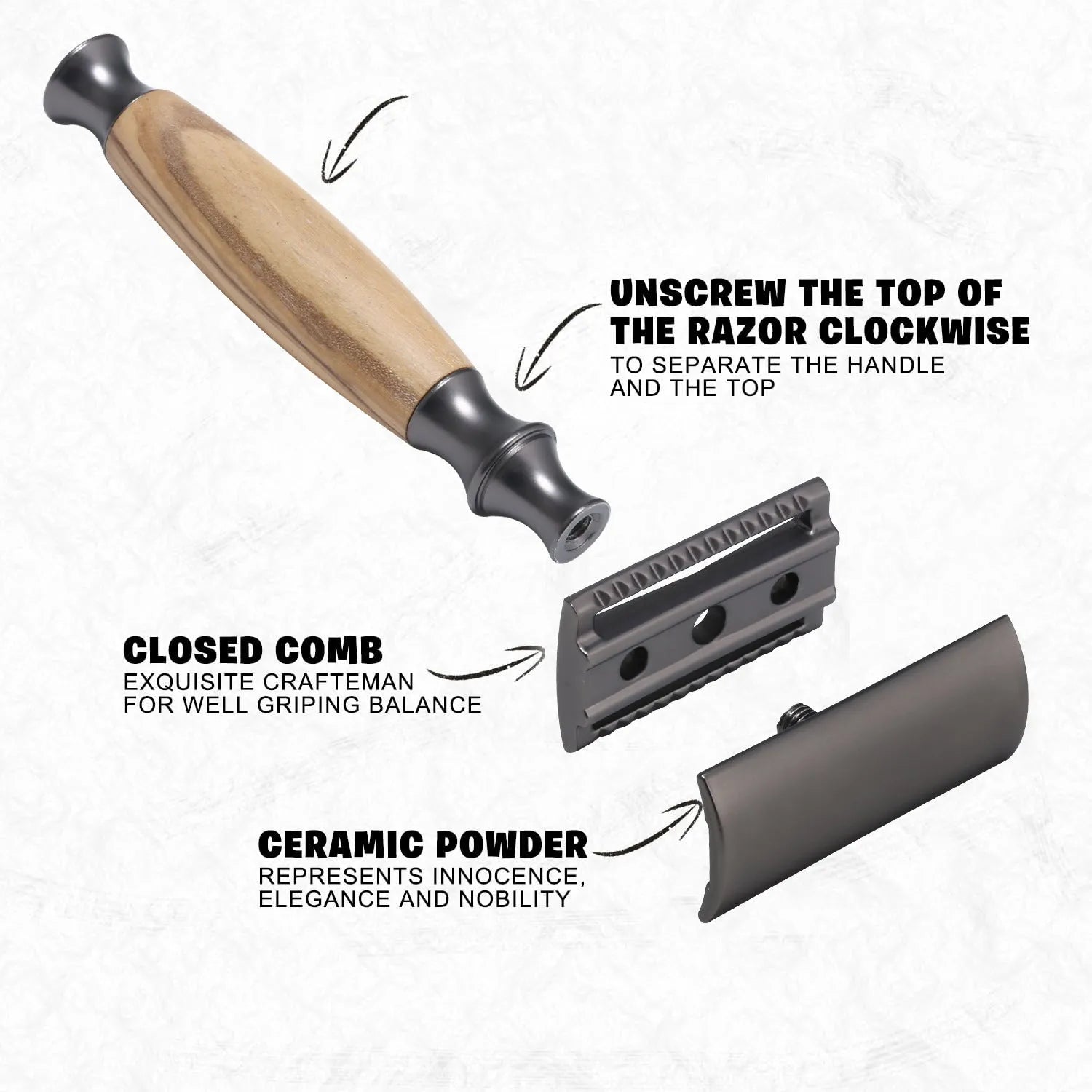 Men's copper safety razor with olive wood handle, blade holder stand, and shaving accessories