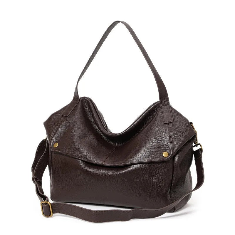 Brown genuine leather women's commuter shoulder bag with horizontal square design and zippered interior compartment