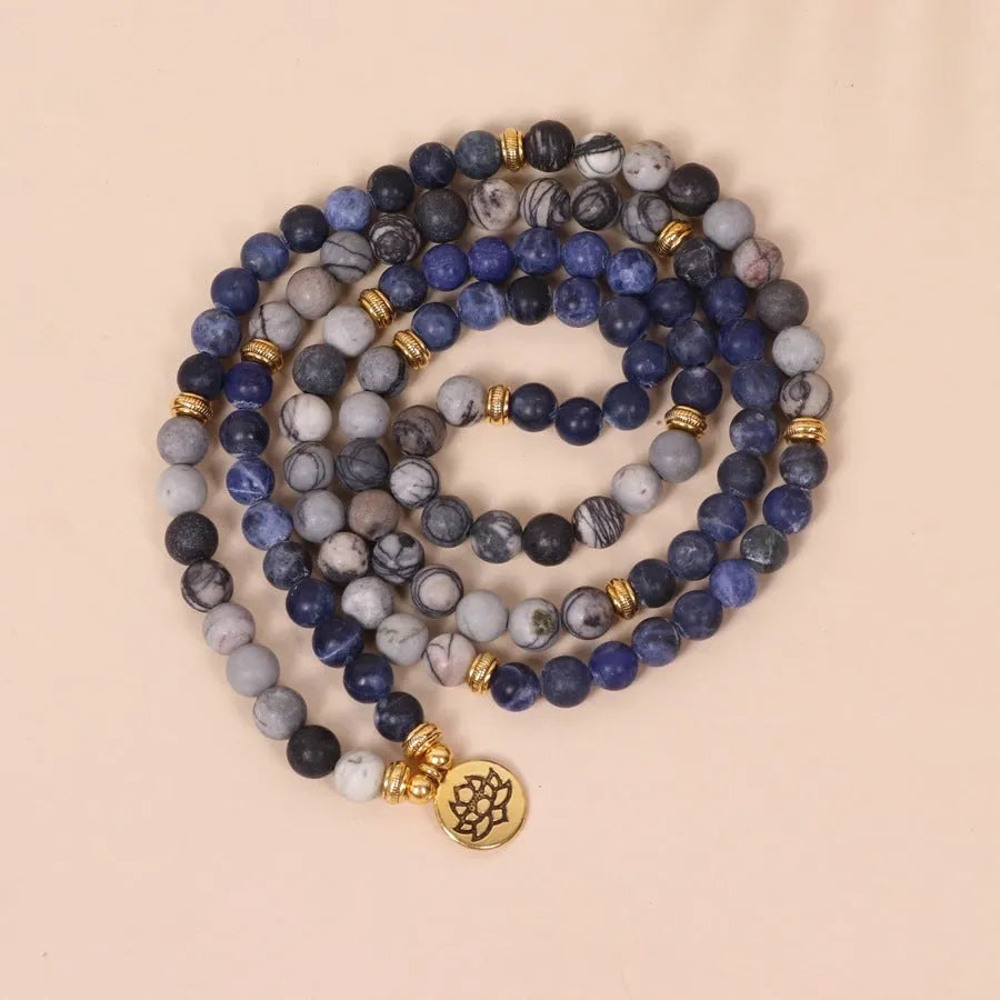 Blue patterned network stone bead multi layer alloy bracelet with natural fresh sweet style.