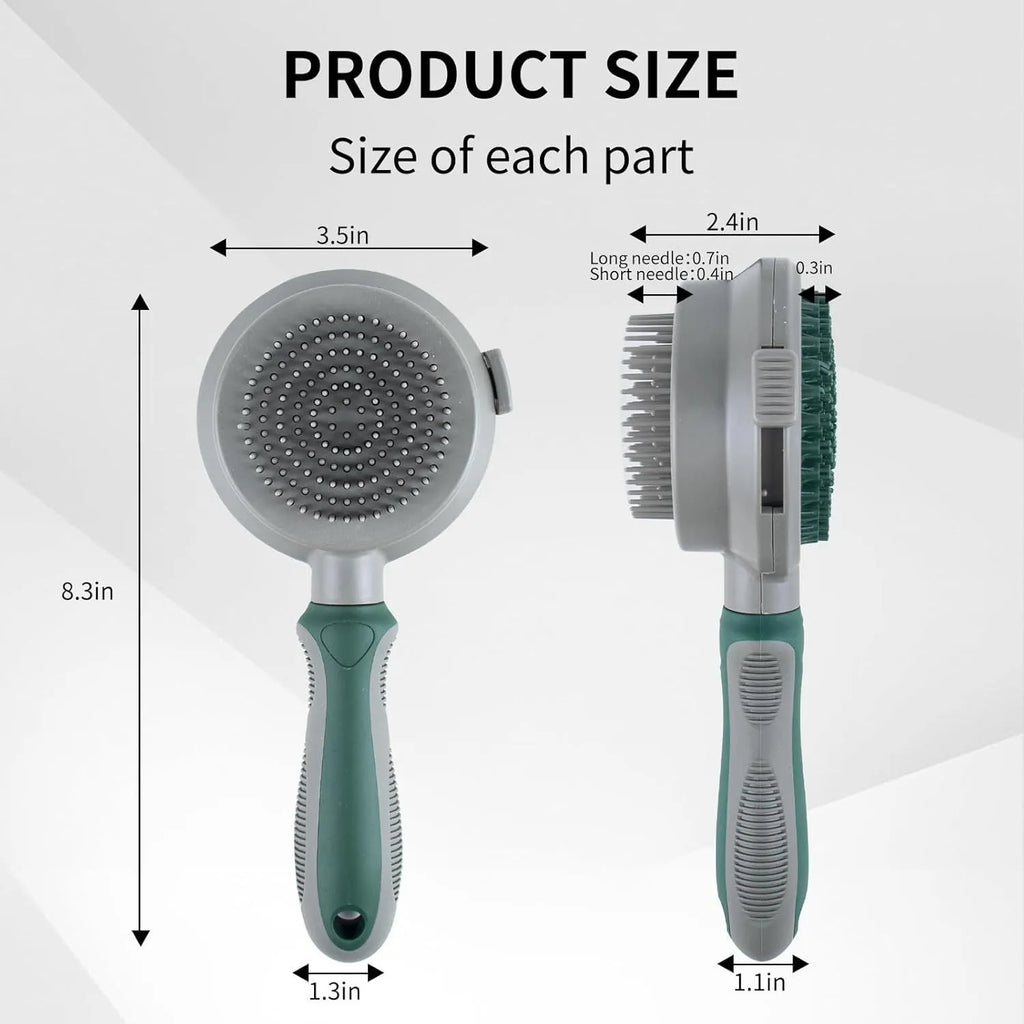 Green and pink two-sided pet grooming brush with a slicker head and a silicone massager head on a textured handle.