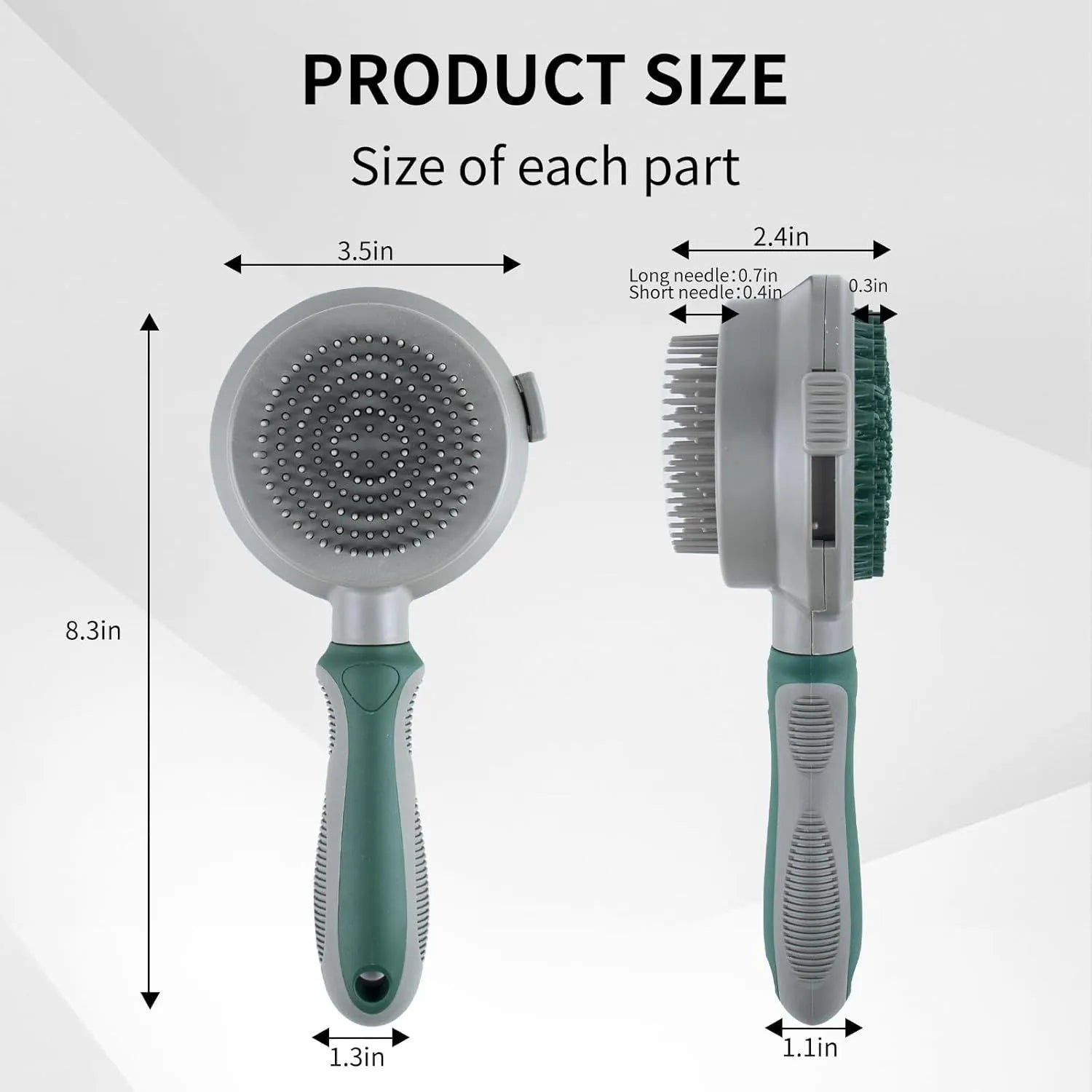 Green and pink two-sided pet grooming brush with a slicker head and a silicone massager head on a textured handle.
