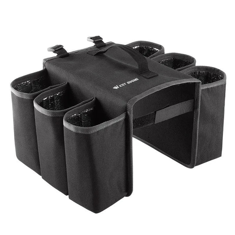 Black bicycle double-sided drink storage bag mounted on bike frame