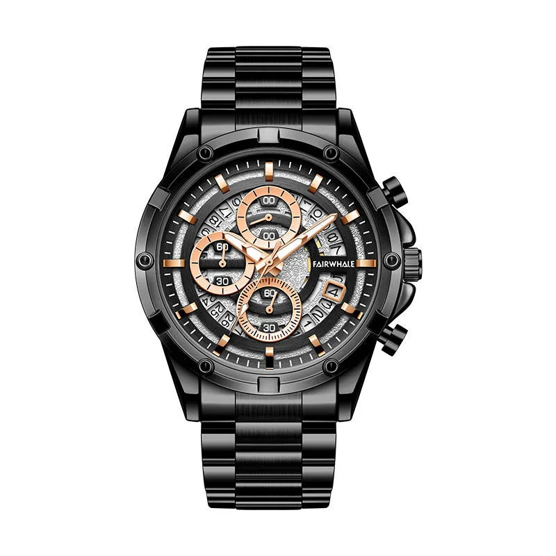 Men's waterproof quartz watch with luminous hands and steel band in black or silver case options