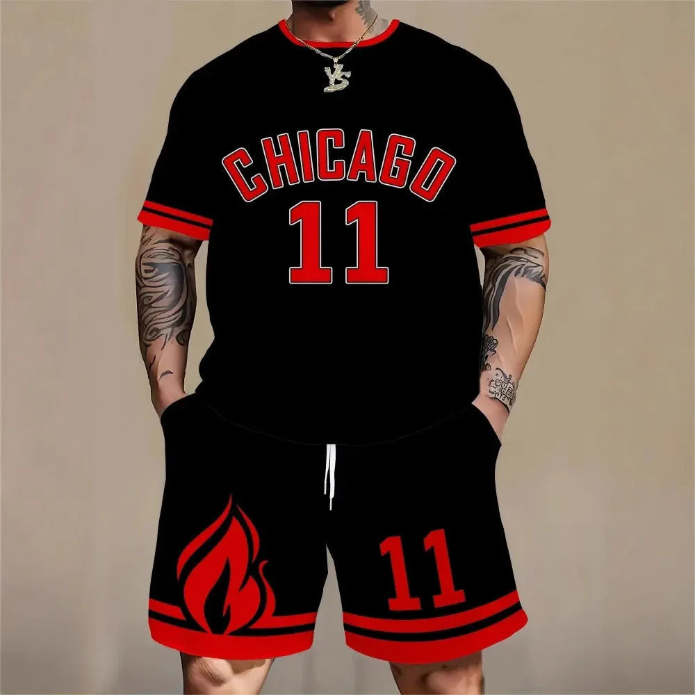 Men's 3D printed letter personality suit set showing short sleeve top and shorts in a bold colour.