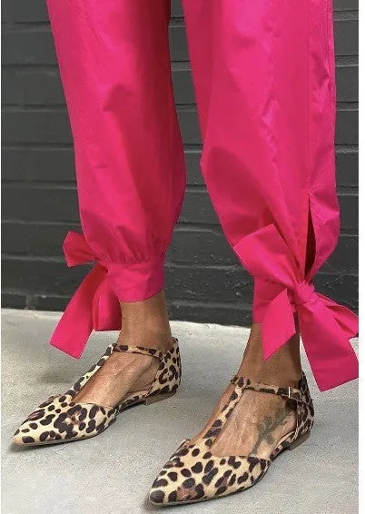 Women's leopard print pointed-toe pumps with cross strap and chunky low heel