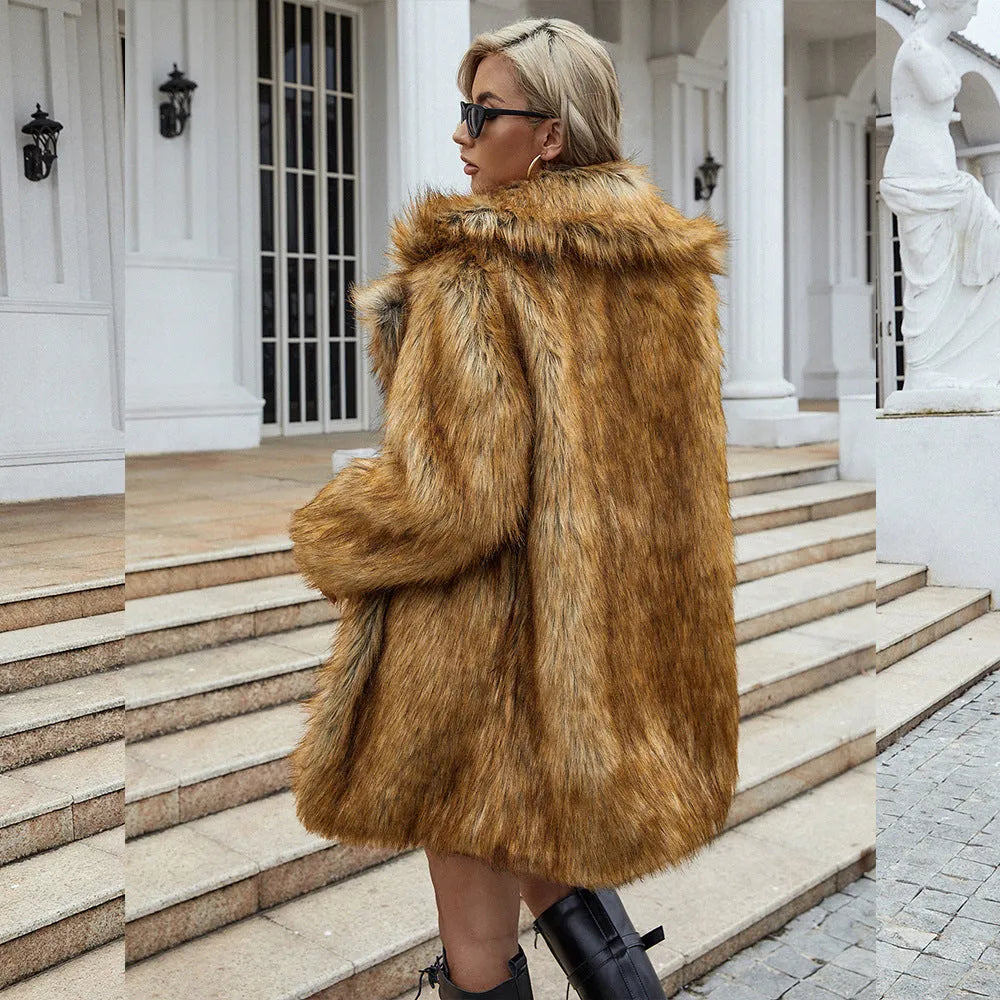Yellow women's faux fur coat with regular sleeves and loose fit, shown at 80cm length