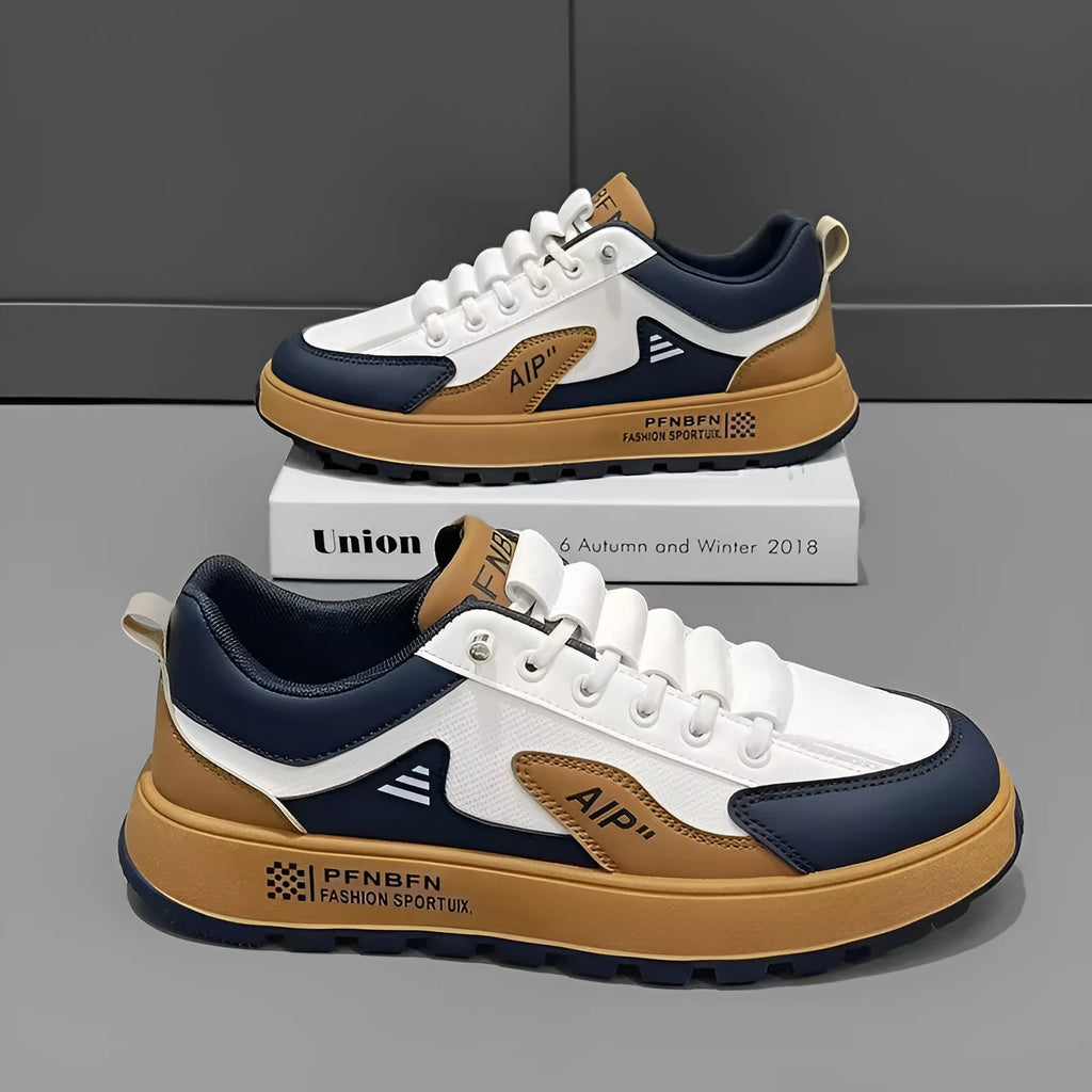 Men's round-toe casual shoes in artificial PU, shown in M15 white orange, white black, and white brown colour options.
