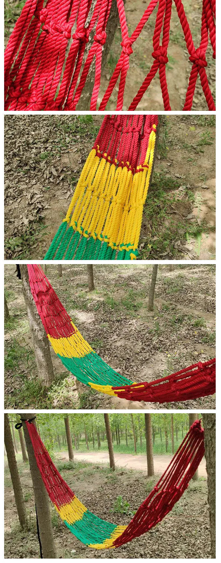 Green nylon rope mesh hammock hung between two trees showing its woven texture and length.