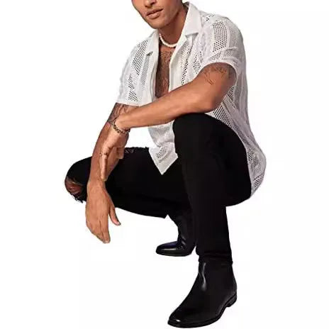 Men's black knitted short-sleeved shirt with jacquard texture and button front in cardigan style