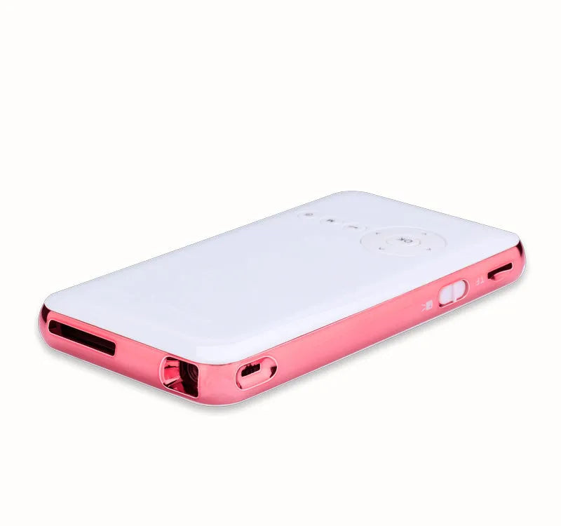 White rose gold miniature DLP Android projector measuring 145x80x17.5mm with 32GB memory