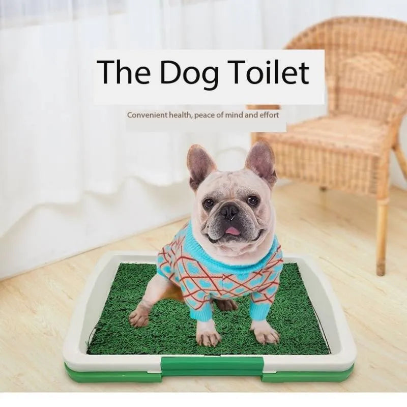 Green three-layer indoor dog toilet tray with artificial grass top, absorbent pad, and plastic drip tray base.
