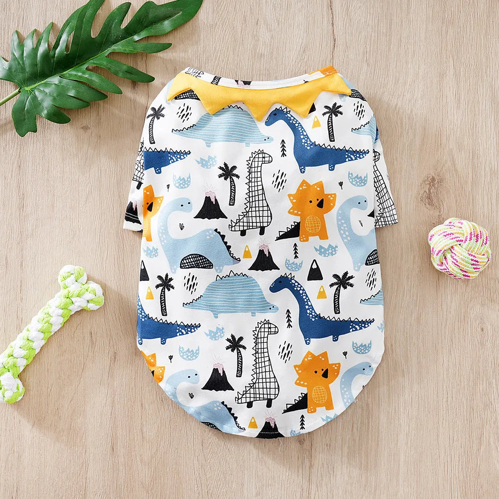 Small dog wearing full-print polyester t-shirt in casual style for spring or autumn