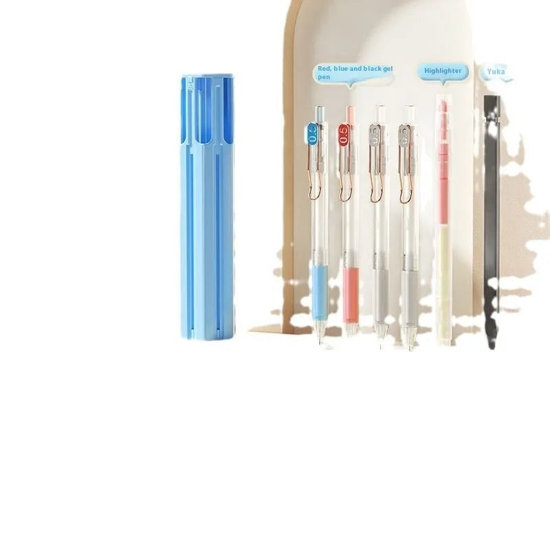 Plastic six pen pencil case kit with pressing pen in Sky Blue, Vigorous White, and Girl Pink colour options.