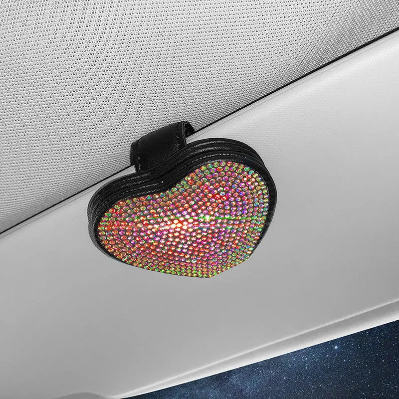 Car sun visor glasses clip made of PU leather with diamond encrusted design in various colours holding sunglasses