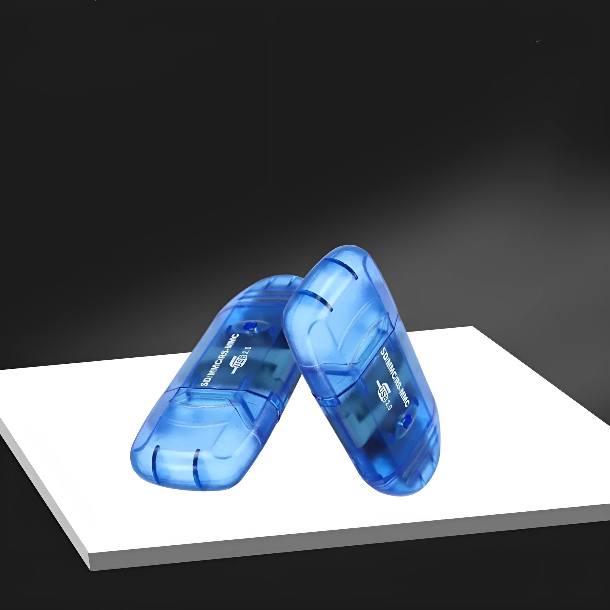 Transparent USB card reader with LED light for SD and MS memory cards.