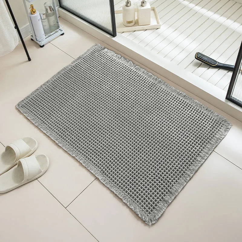Checkered pattern non-slip absorbent bathroom floor carpet in polyester, shown in multiple colour options.