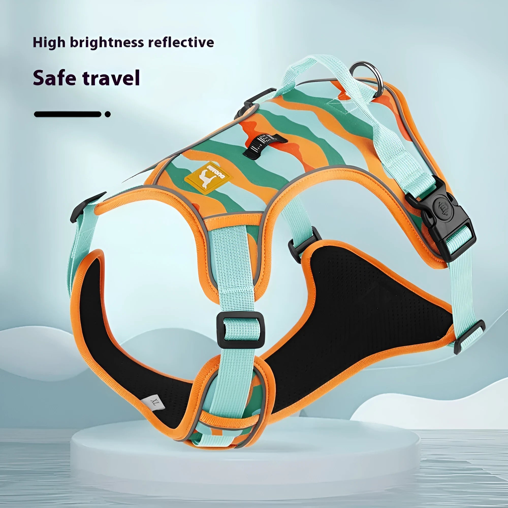 Reflective orange dog chest and back harness lead with hand-holding rope on Oxford cloth material.