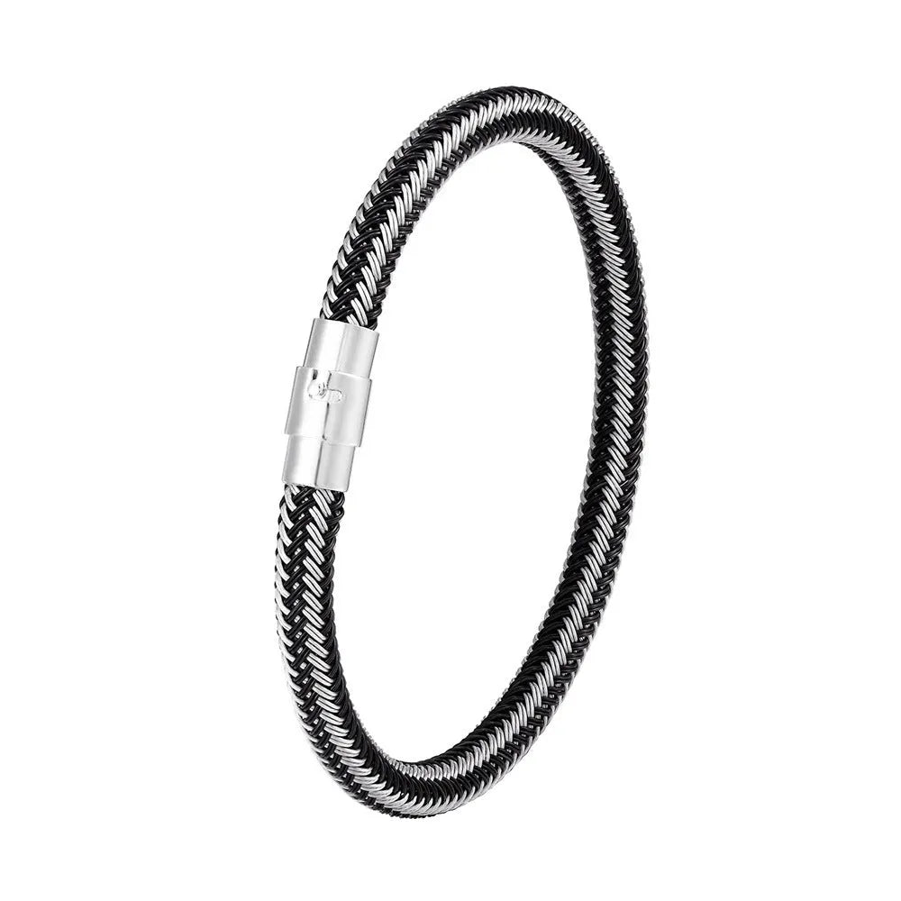 Men's titanium steel geometric wire bracelet with a magnetic clasp closure shown in silver tone.