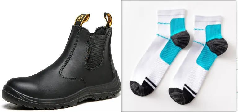 Black leather safety boots with high-top design and anti-piercing sole protection