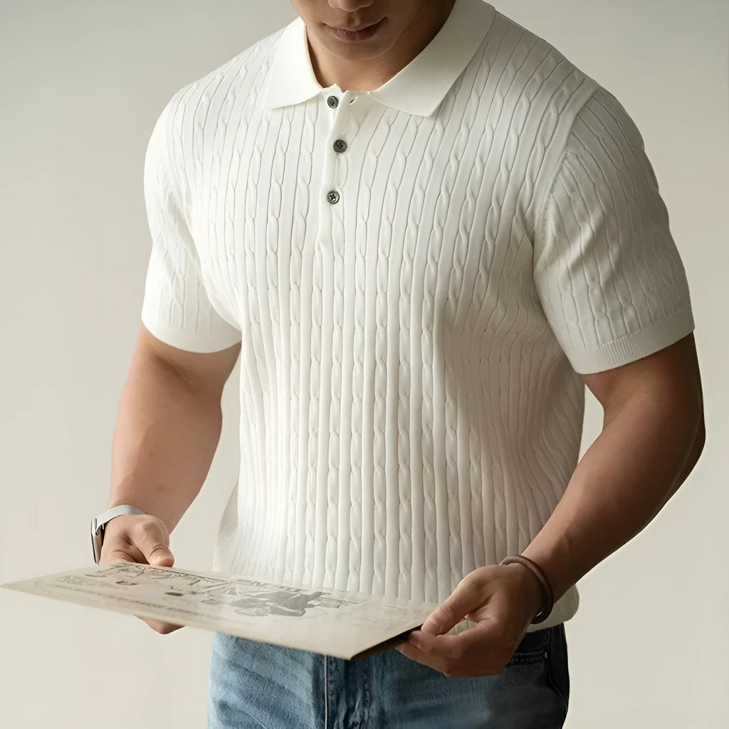 Men's short sleeve business commute top in khaki colour with four-fabric blend construction