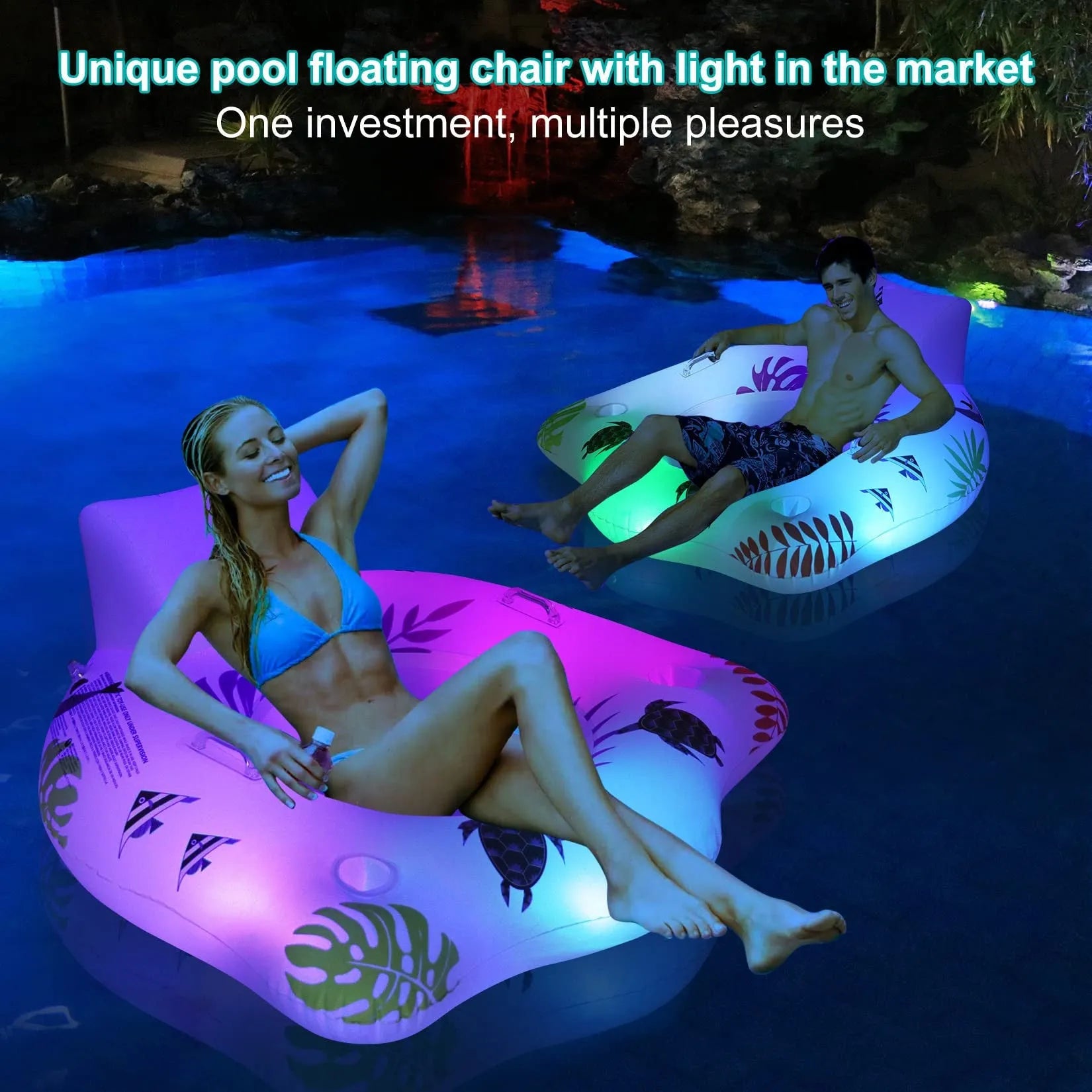White luminous U-shaped inflatable pool float showing adult seating design on water