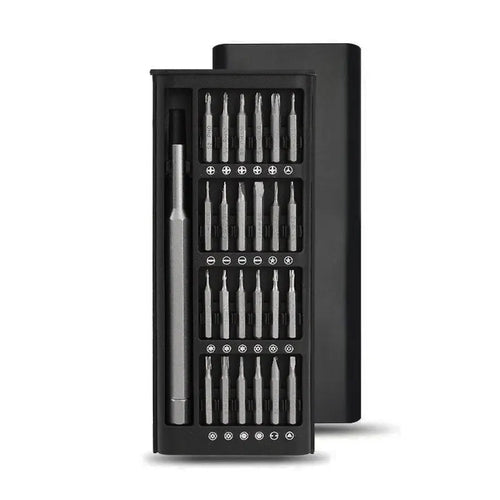 24 in 1 magnetic precision screwdriver set with aluminium handle, 125mm shaft, and 24 bits stored inside.