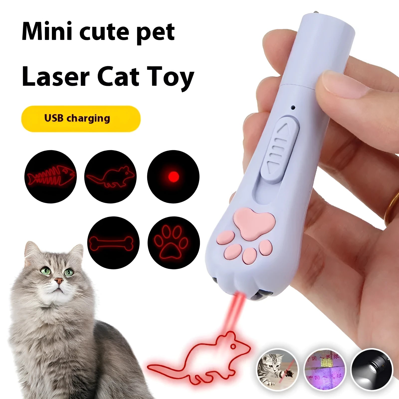 Mini cat laser toy with footprints design showing infrared charging port and teasing stick attachment