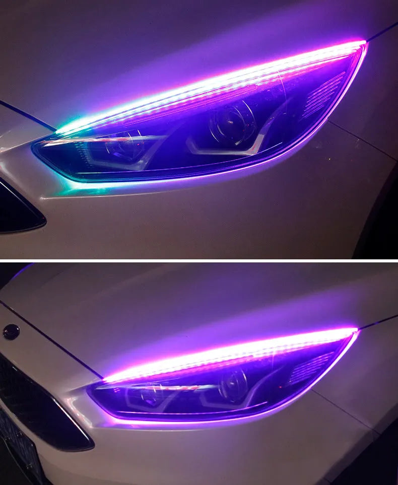 RGB colour changing LED daytime running light strip for cars with wireless remote control in 30cm, 45cm or 60cm sizes.