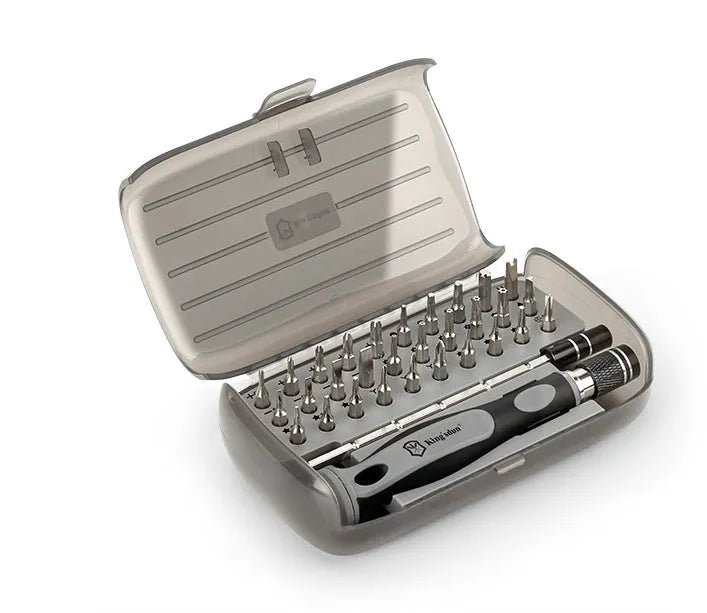 32-in-1 screwdriver set with 30 bits in a black plastic organiser case, featuring a CRV steel driver.