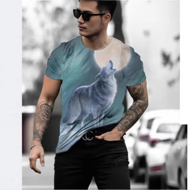 Man wearing a retro style 3D animal print short-sleeved t-shirt