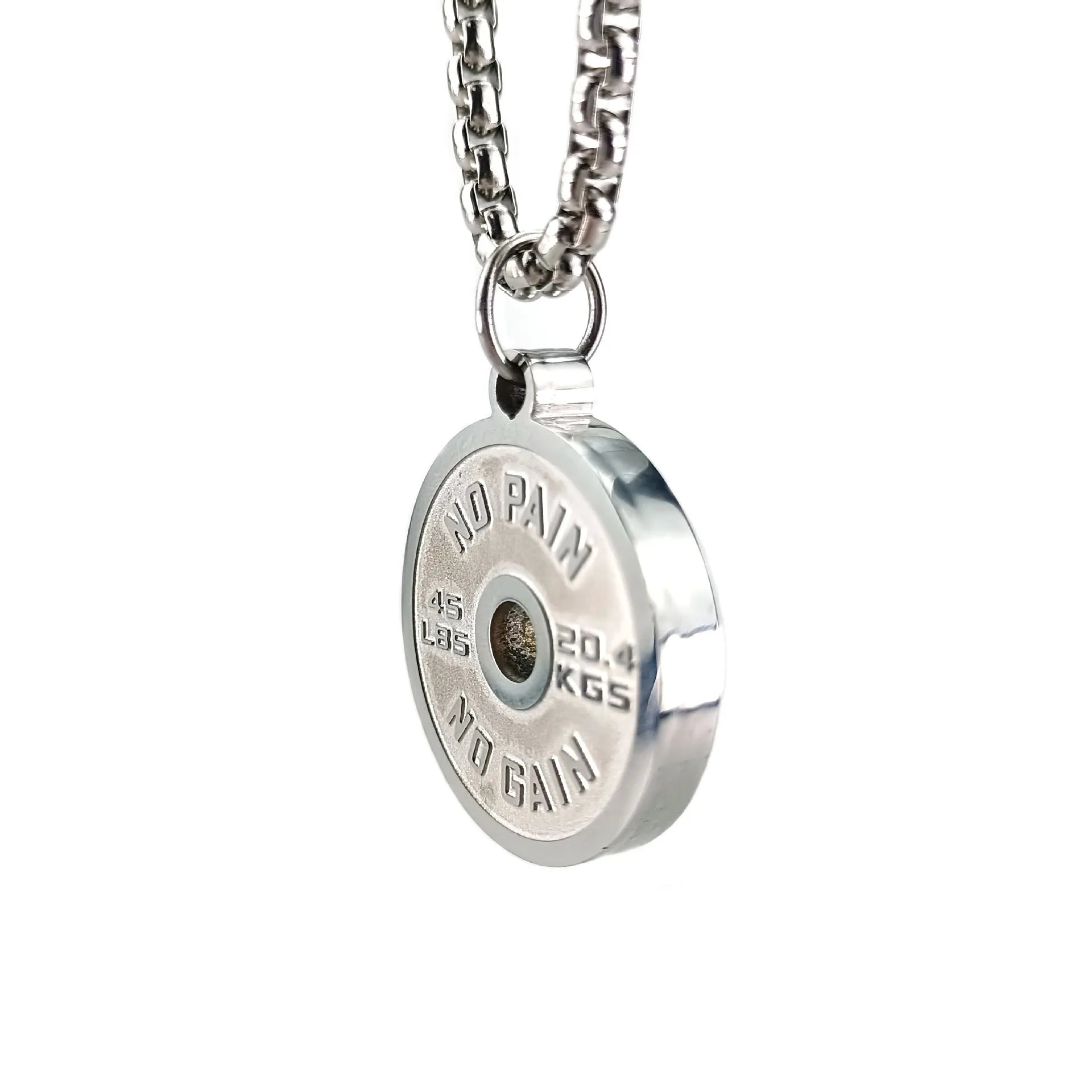 Polished stainless steel geometric barbell disk pendant necklace on a choice of chains.