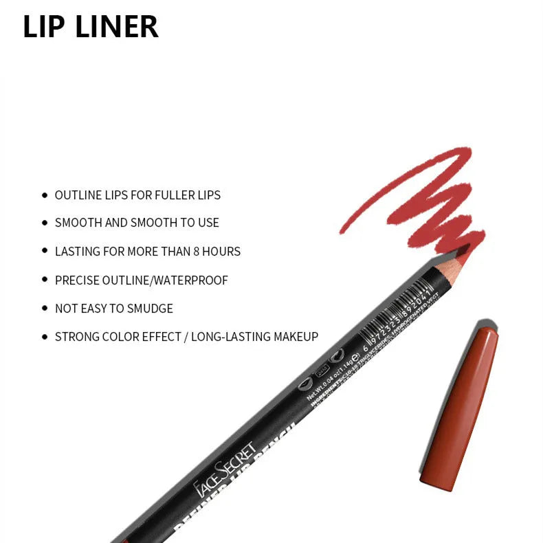 Matte finish lip liner pencil in wooden casing, shown in one of 14 available shades including nudes and reds.