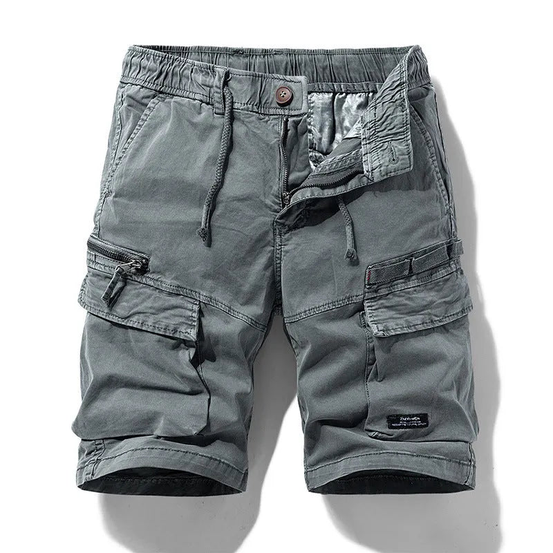 Men's cotton shorts with zipper and multiple pockets in Korean style fifth pants length