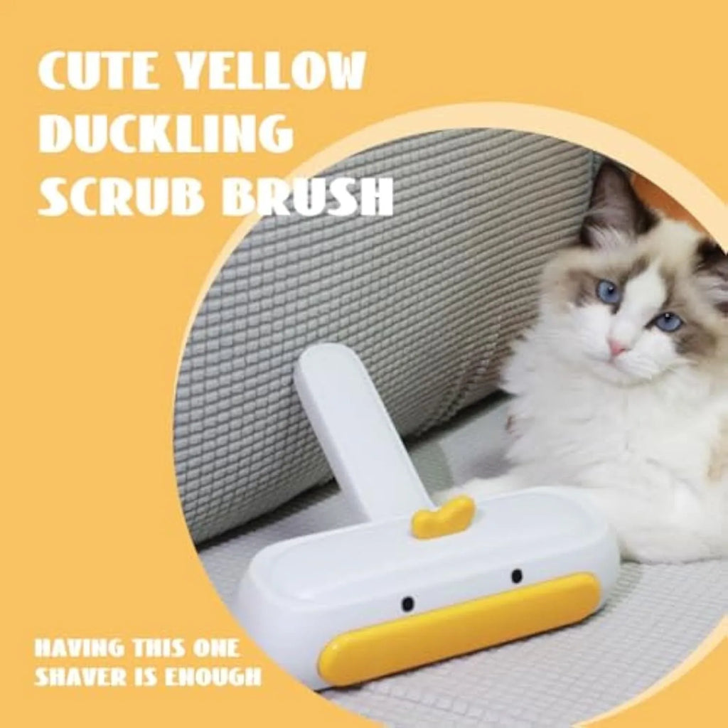 Portable pet hair brush with yellow duck design showing removable lid and polyester bristles