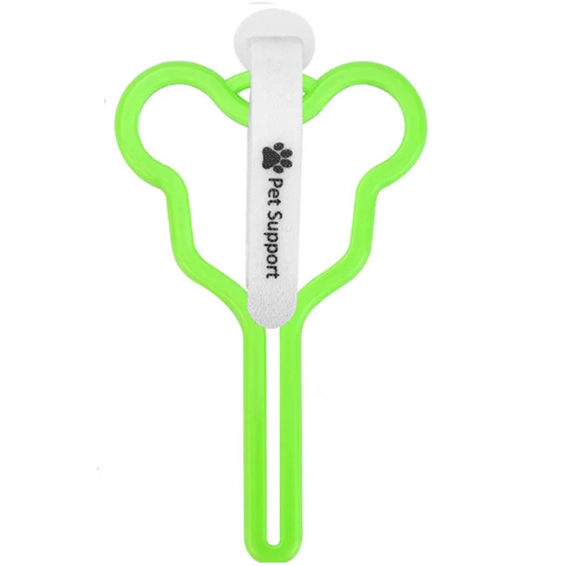 A dog poop bag holder with a Velcro strap, shown attached to a pet leash.