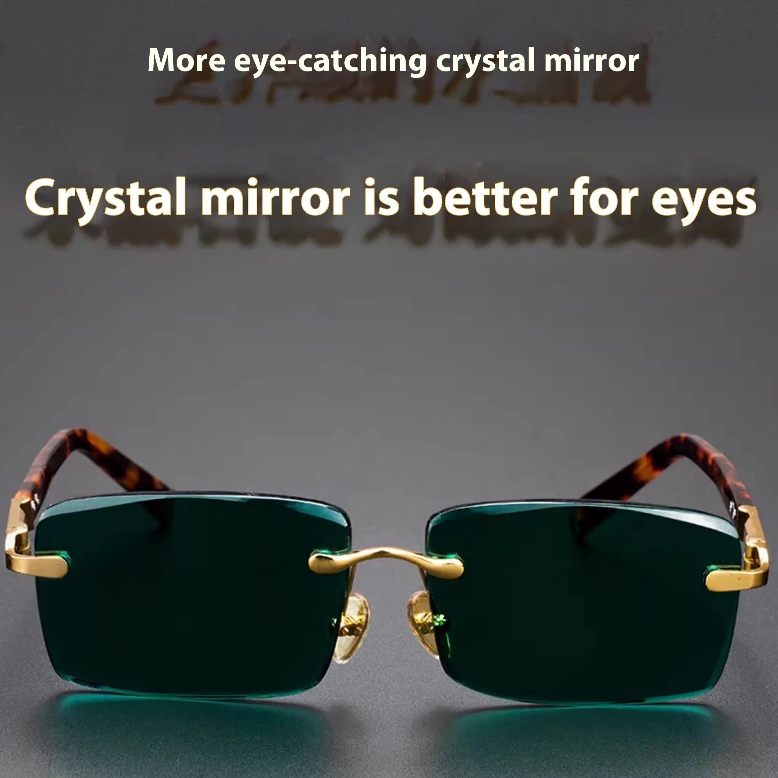 Dark green frameless crystal sunglasses inside a hard case with a cleaning cloth.