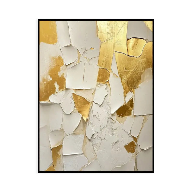 Golden and white handmade abstract oil painting on canvas, vertical one-panel wall art, unframed