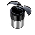 Automatic sensing metal smart ashtray with lid in black colour, showing compact 113mm x 72mm size