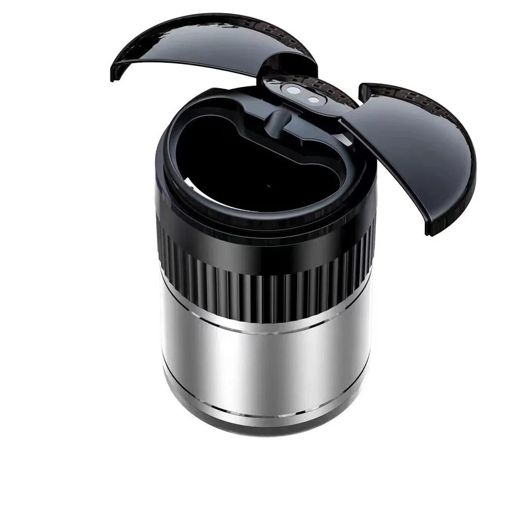 Automatic sensing metal smart ashtray with lid in black colour, showing compact 113mm x 72mm size