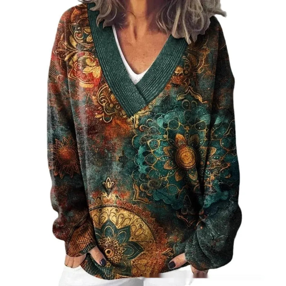 Women's V-neck long sleeve sweatshirt with a white-based 3D floral print pattern.