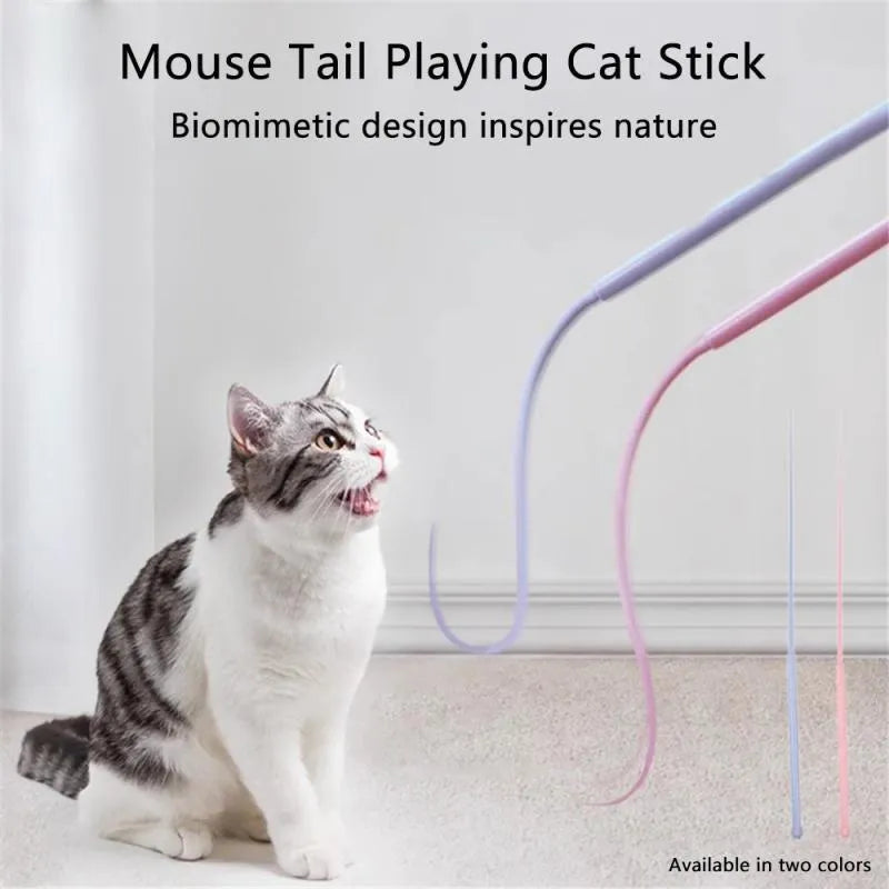 Blue cat teasing wand with silicone tail and cat head handle for interactive pet play