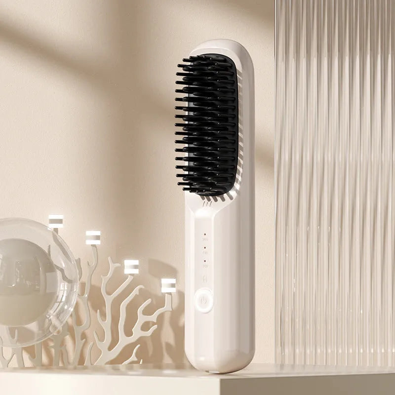 Anion wireless straightening comb in beige, pink, purple, or black with Type-C charging port.