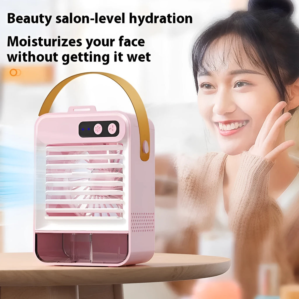 Dark green USB desktop air humidifier measuring 19cm wide with 5 plastic fan blades