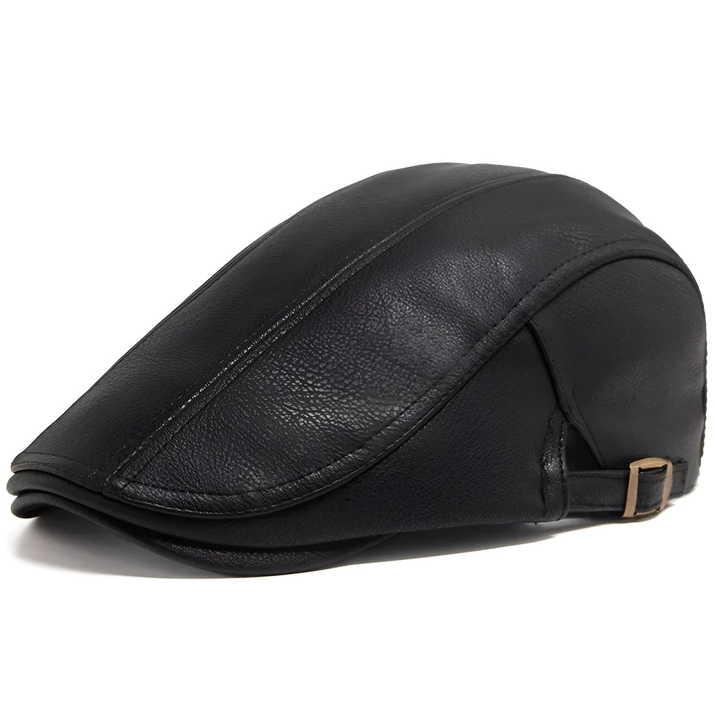 Thick PU artificial leather peaked cap with flat top crown, adjustable size, shown in black, dark gray, camel and brown for autumn and winter.