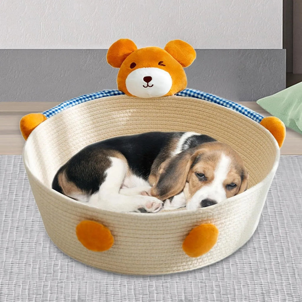 Woven cotton rope cat bed with scratching board in bear design