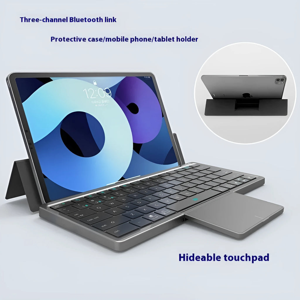 Black and grey hardcover wireless Bluetooth keyboard with integrated touch pad and stand for iPad and mobile phones.